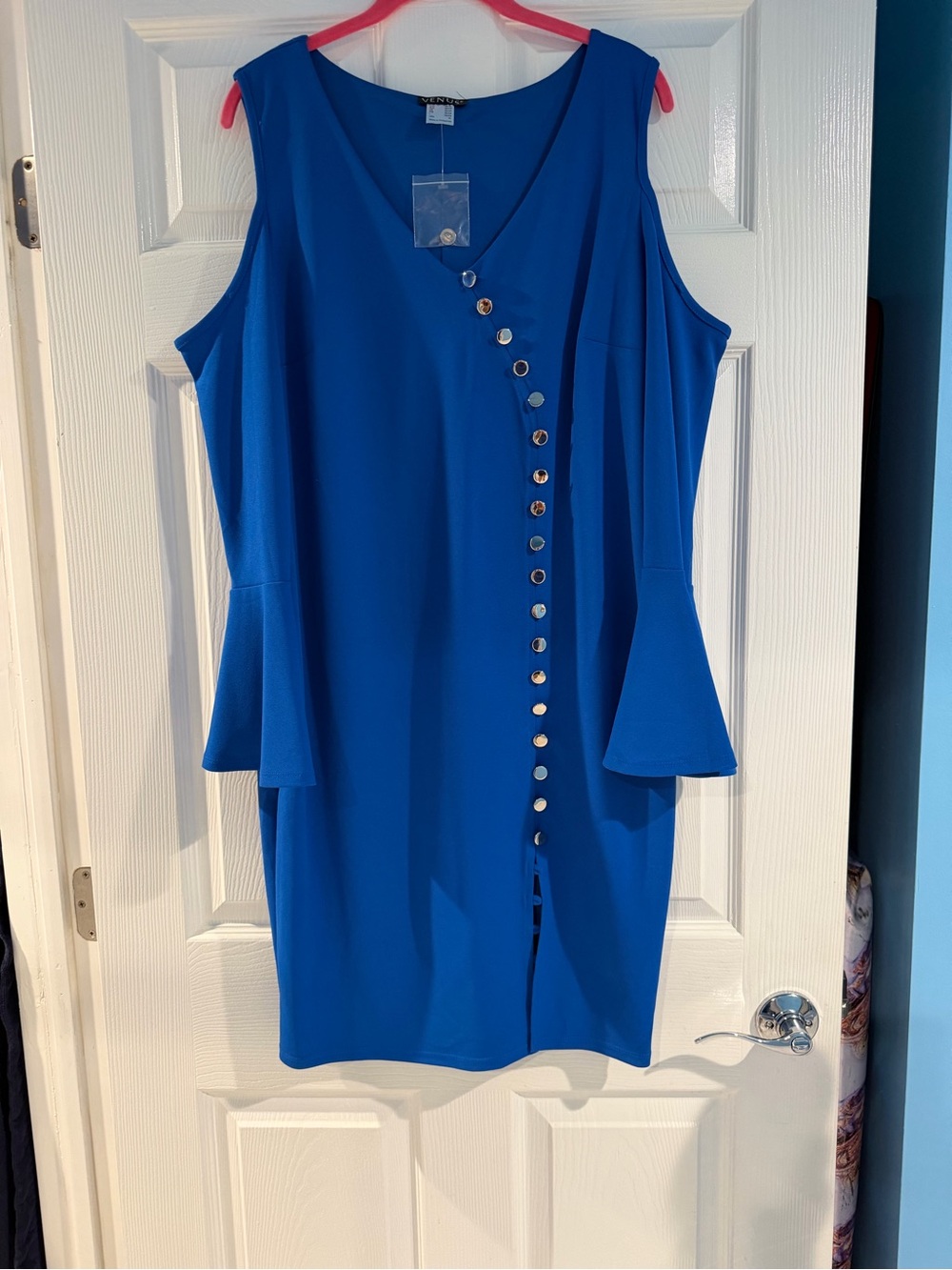 VENUS Royal Blue V-Neck Button-Front Midi Dress